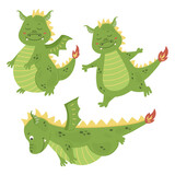 Fototapeta Dinusie - Cartoon green dragon set, baby dinosaur for kids