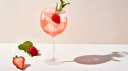 Wall Mural - Strawberry alcoholic cocktail on white background with shadows. Summer drink strawberry spritz with empty place. Strawberry mocktail in minimal style. Pink cocktail in summer menu on light background.