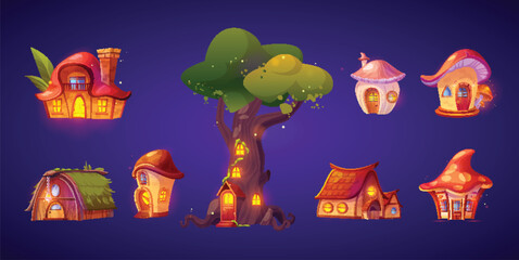 Wall Mural - Set of cute fairytale houses at night isolated on background. Vector cartoon illustration of fantasy tree, stone and mushroom huts with wooden door, porch and illuminated windows. Forest dwarf home
