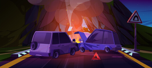 Night car crash on mountain tunnel road. Vector cartoon illustration of two autos collision on highway, fire and smoke above damaged hoods, road accident, traffic rules violation, drunk driving