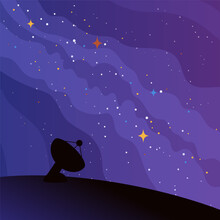 Starry Sky And Radio Telescope Vector Illustration. Night Landscape Of Space Research Station Antenna With Stars And Galaxies In Sky. Space And Universe Exploration, Science Concept