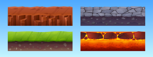 Poster - Set of seamless ground layers for game level interface. Vector cartoon illustration of mountain stone road, green grass on soil, dry desert land, hot lava texture, underground pattern. Adventure gui