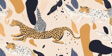 Hand Drawn Abstract Collage Pattern With Leopards. Contemporary Seamless Pattern. Fashionable Template For Design, Generative AI