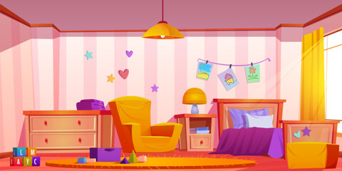 Kid bedroom interior in house vector background illustration. Girl child room with furniture, toy and drawer. Cute empty toddler nursery apartment design with pillow, cubes and lamp with window.