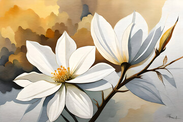 Wall Mural - Watercolor painting floral digital art wall decor. White magnolia flower in watercolor artistic background wallpaper. Golden white, green and gray flowers for wall canvas decor. Ai generative