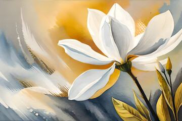 Wall Mural - Watercolor painting floral digital art wall decor. White magnolia flower in watercolor artistic background wallpaper. Golden white, green and gray flowers for wall canvas decor. Ai generative