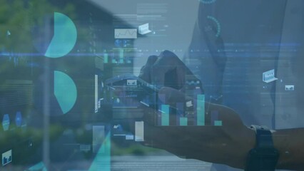 Poster - Animation of statistical data processing over mid section of a man using smartphone outdoors