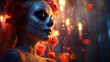 © Michael - La Catrina dia de muertos schöne Frau mit Maske / Make-up, dekoriert mit Blumen Kostüm. Tag der Toten in Mexico. Querformat. Generative Ai.