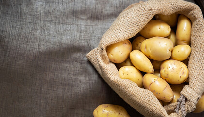 Wall Mural - Fresh potatoes in a canvas bag, food background, top view