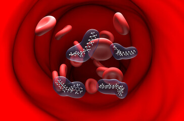 Vitamin E structure in the blood flow – ball and stick section view 3d illustration