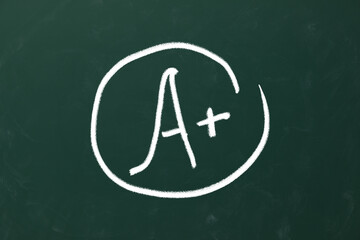 Wall Mural - School grade. Letter A with plus symbol on green chalkboard