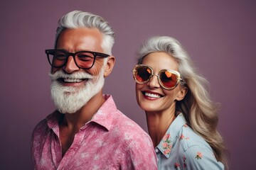 Wall Mural - Happy Couple of mature people in sunglasses enjoying and having fun in vacations . Studio shooting, copy space, ai generative