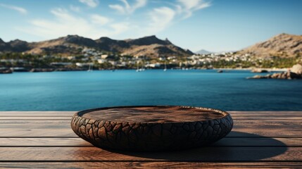 Poster - Black wooden table top and blurred seascape and blue sky in the background. High-quality photo