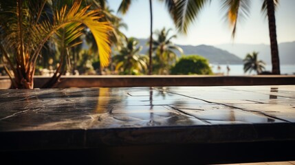 Poster - Empty black marble table top and blur beach and palm tree of the Background in Concept of Relaxation