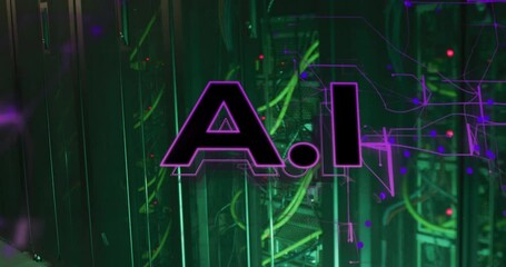 Poster - Animation of ai text banner and purple light trails against computer server room