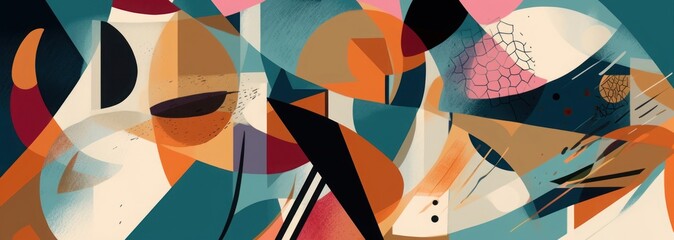 hand drawn dynamic geometric abstract print. colorful modern collage pattern, generative ai