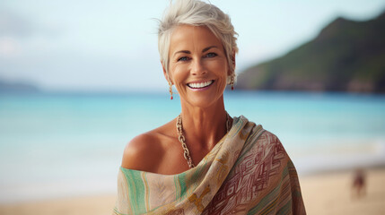 photography of a pleased, woman in his 60s that is wearing a classic sarong against an exotic island