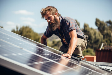 At Sunlight man worker fixes solar panels on a metal basis, A worker fixing solar panels on the roof, and a male fixing a solar panel in the daytime. 