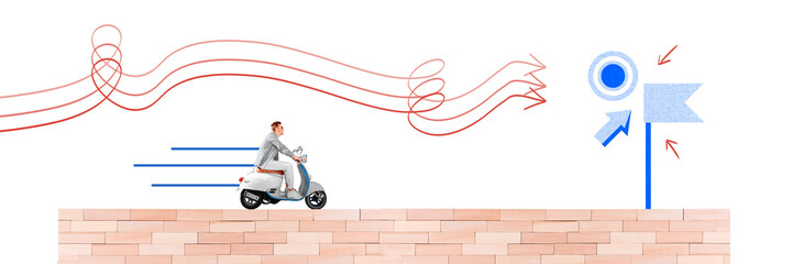 Poster - Magazine collage picture of funky guy riding moped final destination isolated white color background