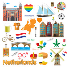 Netherlands Symbolics And Holland Travel Icons Isolated Set