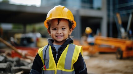 Wall Mural - Photography of a pleased, child girl that is building a structure wearing a construction worker's uniform against a construction site background. Generative AI