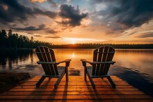 Lakeside Serenity Wooden Chairs On A Pier Overlooking A Tranquil Lake, Generative Ai