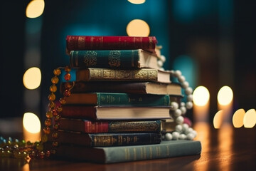 A stack of holy books from different religions, Religion, bokeh 