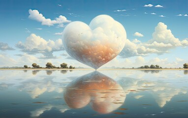 Wall Mural - Love heart shaped cloud on the sea with reflection.