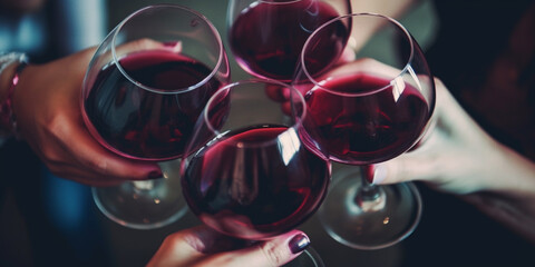 view from above of hands with glasses of wine toasting