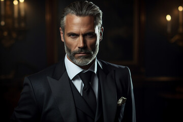 Poster - generative ai collage portrait of elegant man luxurious royalty in stylish trend suit looking camera