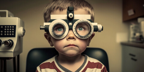 child with prescription glasses at the ophthalmologist graduating his eyesight