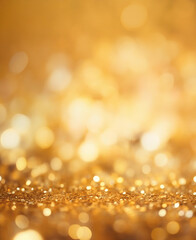 Wall Mural - Abstract golden background with bokeh effect and shining defocused glitters. Festive gold texture for Christmas, New Year, birthday, celebration, greeting, victory, success, magic party.