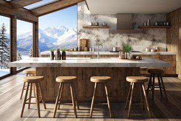 Interior of modern kitchen with gray walls, concrete floor, white marble countertops and bar with stools