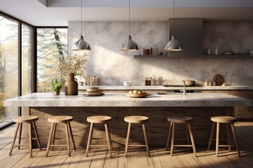 Interior of modern kitchen with gray walls, concrete floor, white marble countertops and bar with stools