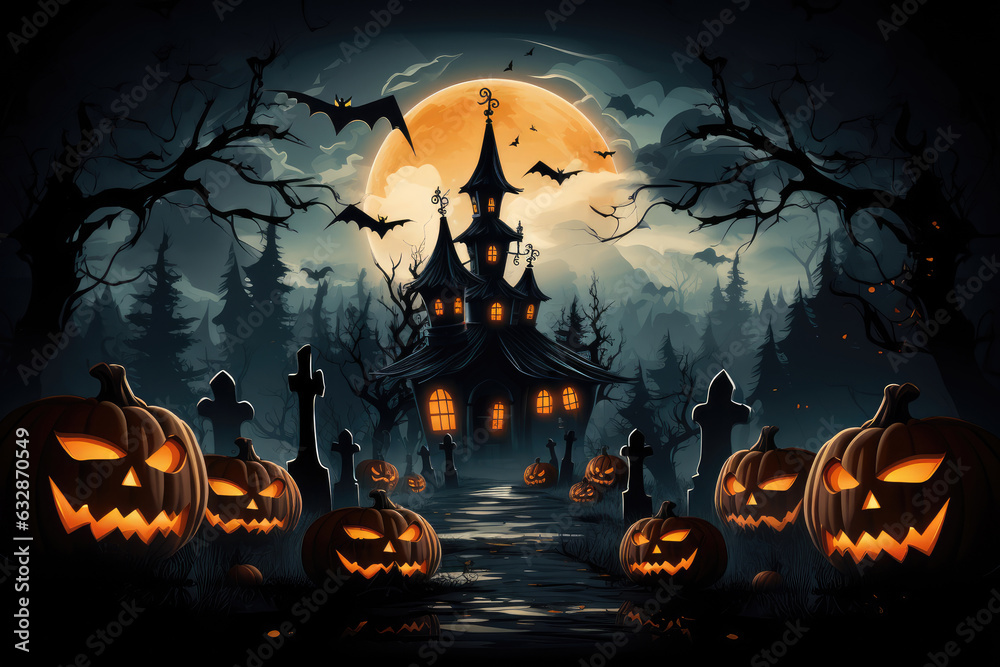 Halloween background with haunted house and pumpkins and moon. Vector ...