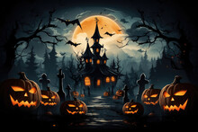 Halloween Background With Haunted House And Pumpkins And Moon. Vector Illustration Style. Created By Generative AI Technology.