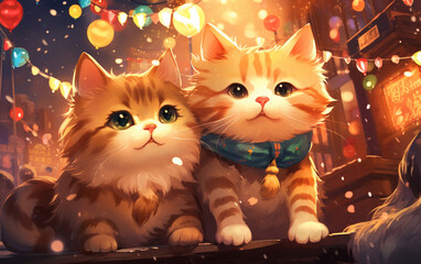 Generative AI abstract design chinese new year cute cats, surreal fantasy. Concept of happy new year. 