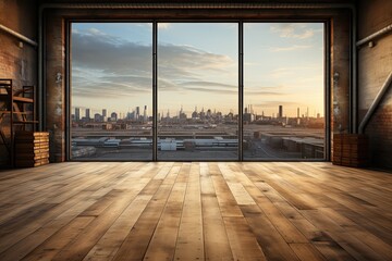 Wall Mural - Interior of modern loft with wooden floor and panoramic city view	