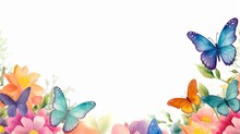 Watercolor Butterflies And Flowers On Empty White Paper Background, Copy Space, Text Space, Blank, Floral