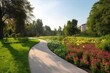 Panorama of city park with footpath and flowers, Generative AI