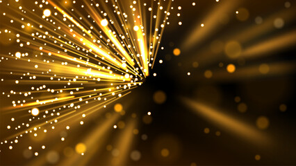 Wall Mural - Defocused Gold Rays of Light with Flying Particles on Dark Background, Vector Illustration