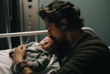 Wall Mural - Handsome young father holding his newborn baby in hospital ward.