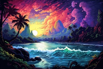 Tropical sunset with palm trees and sea. illustration.