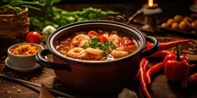 Delicious Tom Yum Soup Dish In Thailand Restaurant. Generative AI