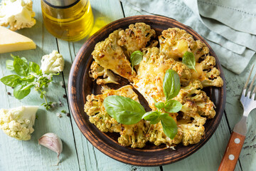 Sticker - Healthy eating, plant based meat substitute concept.Vegetarian organic food. Baked cauliflower steaks with herbs and spices on a wooden table.