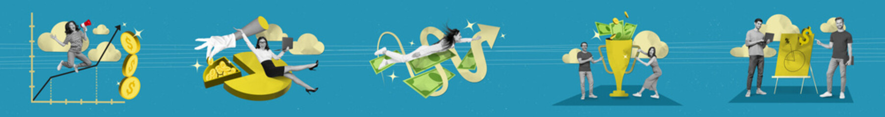 Poster - Artwork panorama collage of people workers financial concept success money economy income business plan isolated on blue background