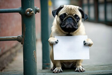 Message From The Dog. The Pug Puppy Is Holding A Sign For You To Write Your Message On. Generative AI