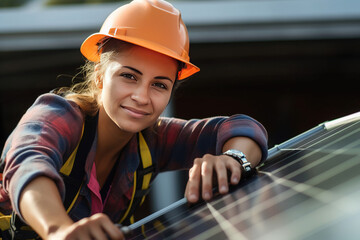 Portrait of a female solar panel installation worker. A young woman engineer is installing photovoltaic modules and smiling.