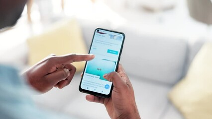 Poster - Phone screen, hands search and travel app, booking holiday and planning trip online in home living room. Smartphone, vacation destination and person on website, internet and scroll choice of location
