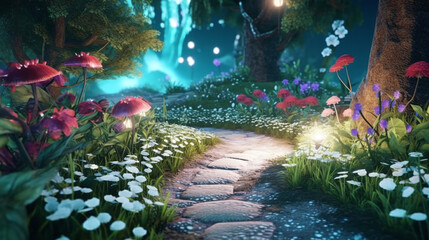 Fantasy fairy tale forest with magic trees, cartoon background with flowers in night light in fairy garden by AI generative